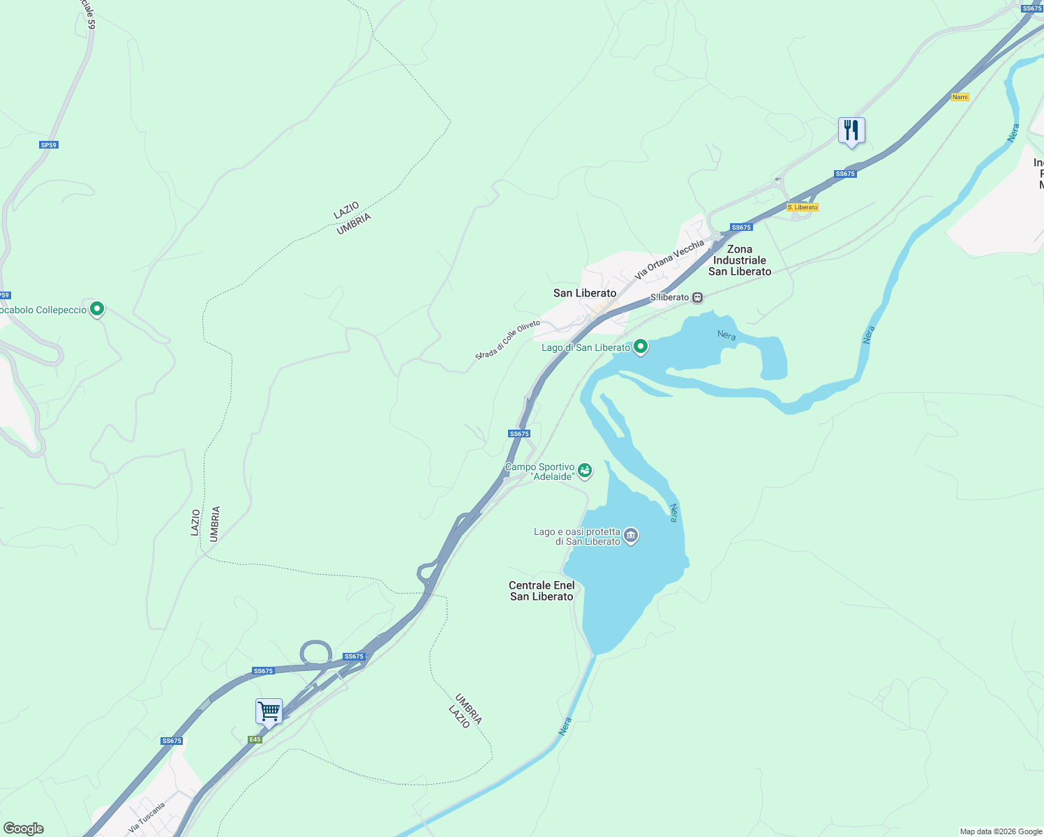map of restaurants, bars, coffee shops, grocery stores, and more near 29 Via Ortana Vecchia in Provincia di Terni