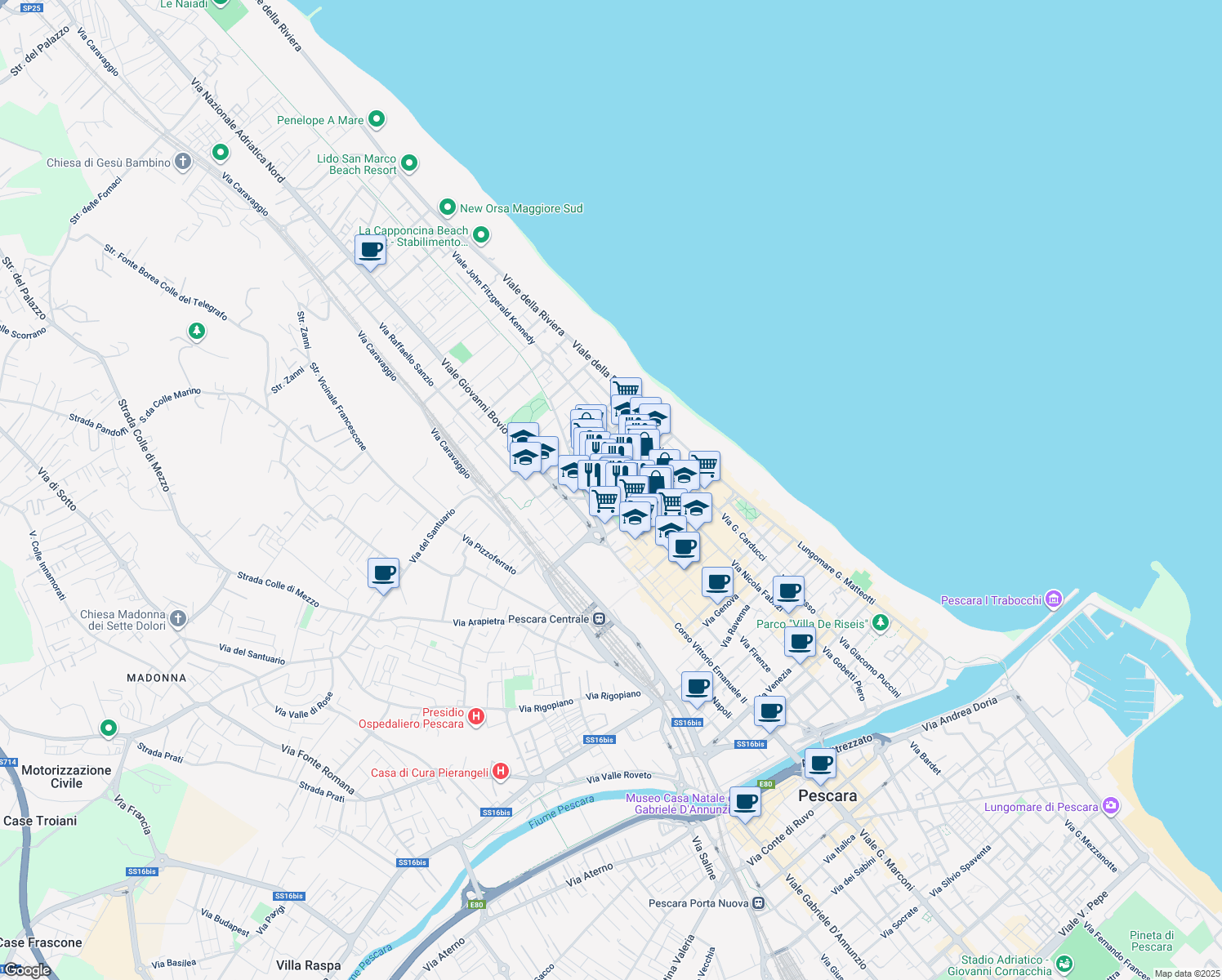 map of restaurants, bars, coffee shops, grocery stores, and more near Via de Amicis in Pescara