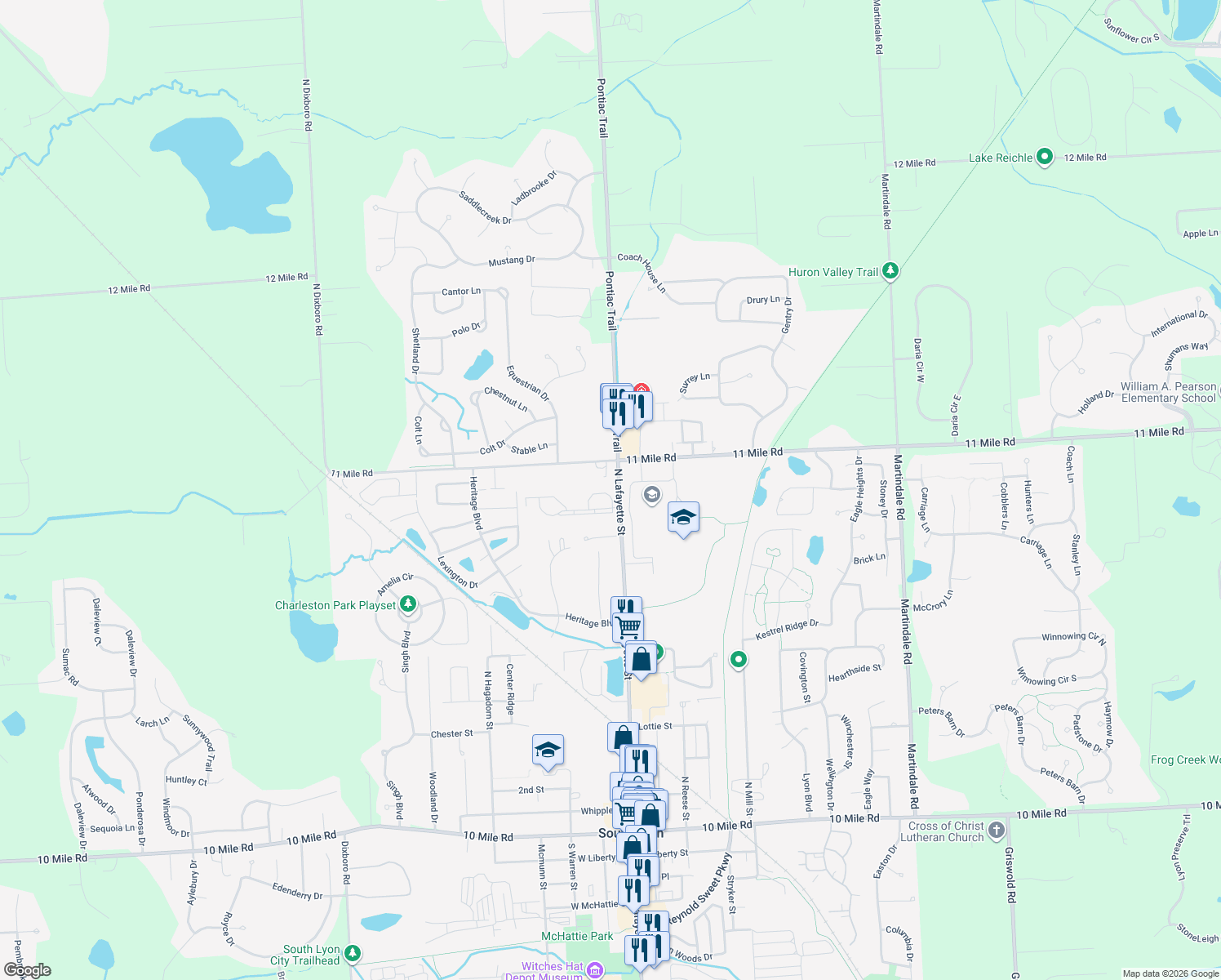 map of restaurants, bars, coffee shops, grocery stores, and more near 61173 Greenwood Drive in South Lyon