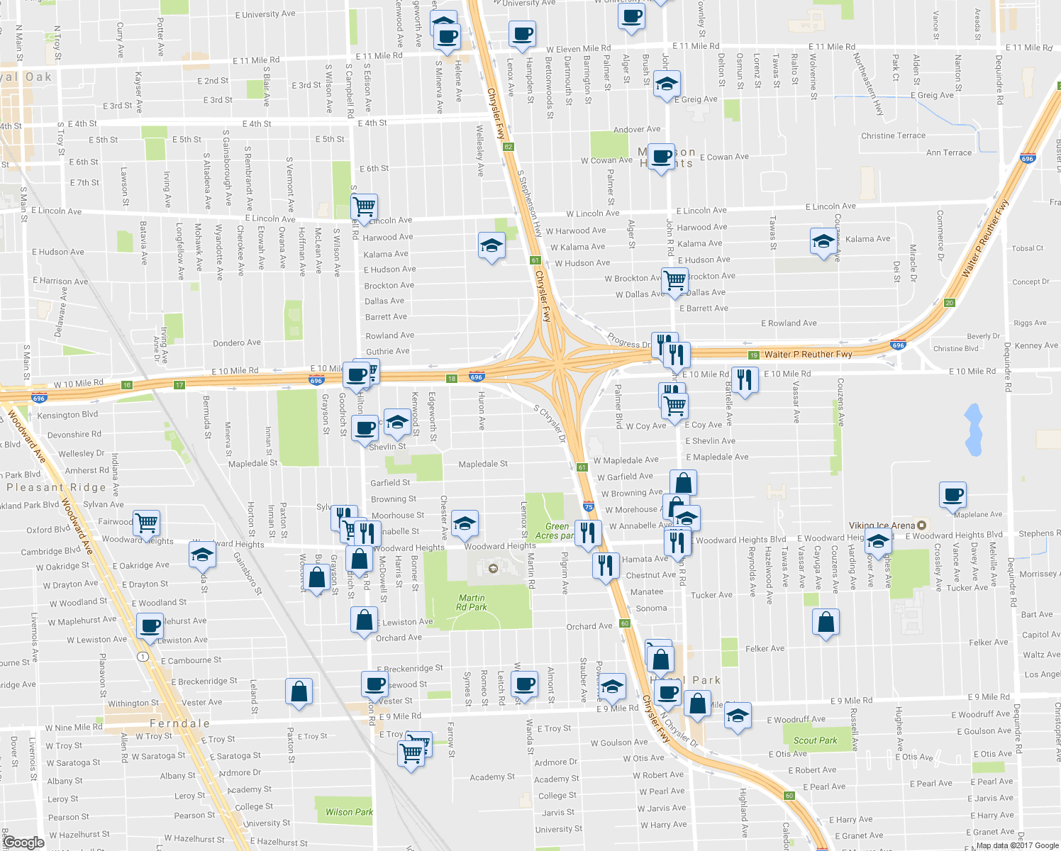 map of restaurants, bars, coffee shops, grocery stores, and more near 728 West Coy Avenue in Hazel Park