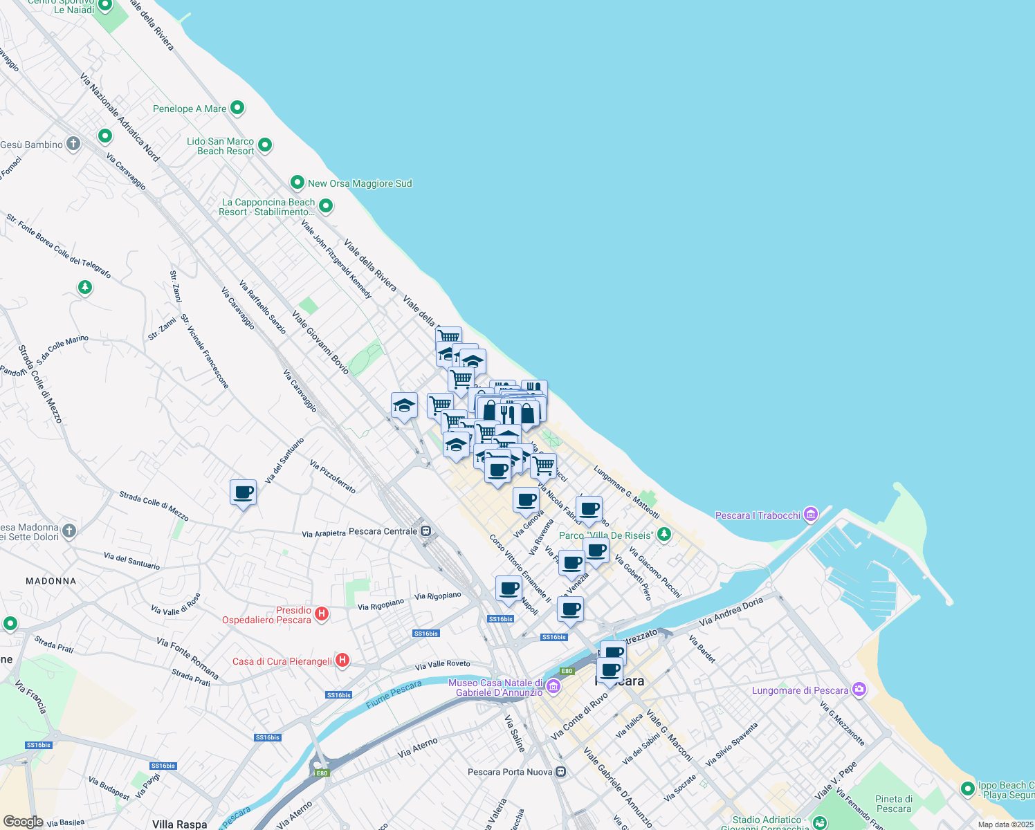 map of restaurants, bars, coffee shops, grocery stores, and more near 166 Via G. Mazzini in Pescara