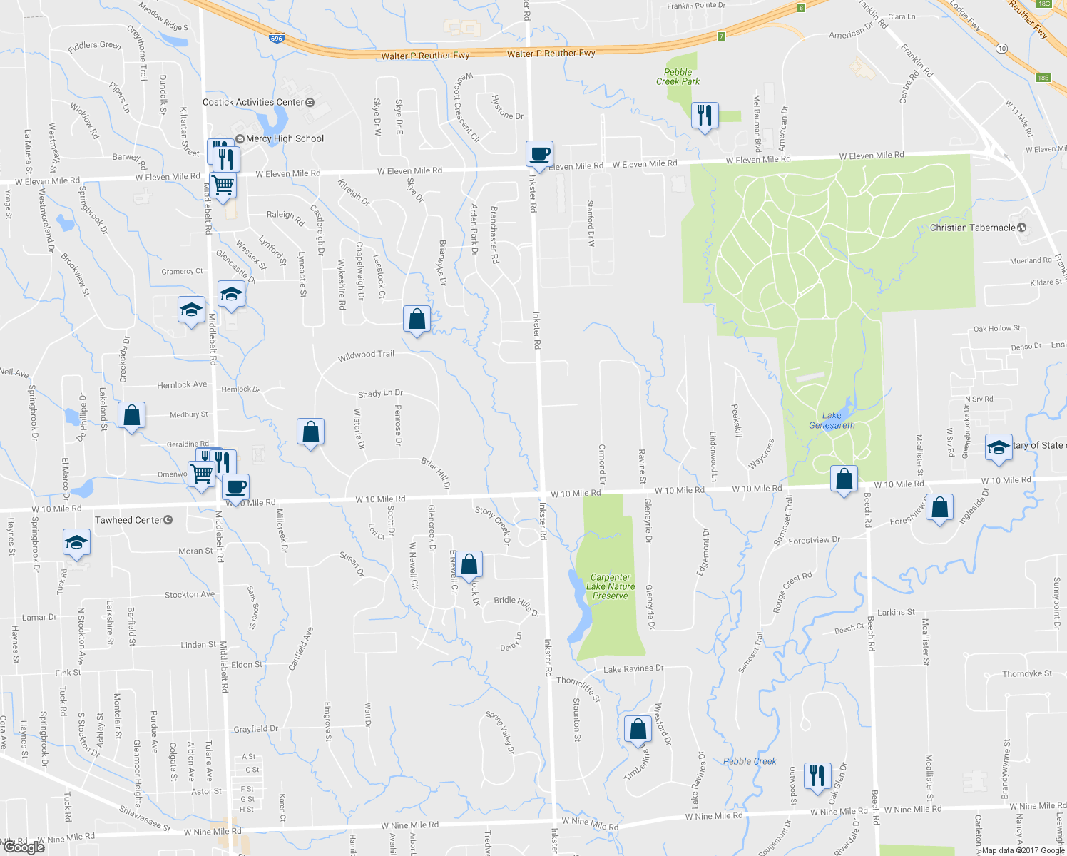 map of restaurants, bars, coffee shops, grocery stores, and more near 25515 Inkster Road in Farmington Hills
