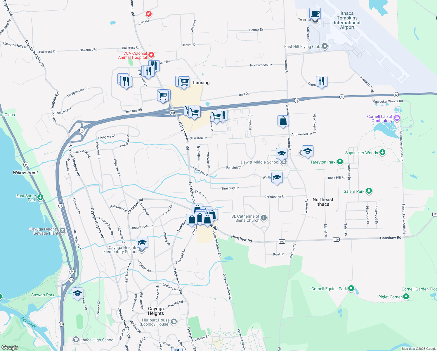 map of restaurants, bars, coffee shops, grocery stores, and more near 304 Winthrop Dr in Ithaca