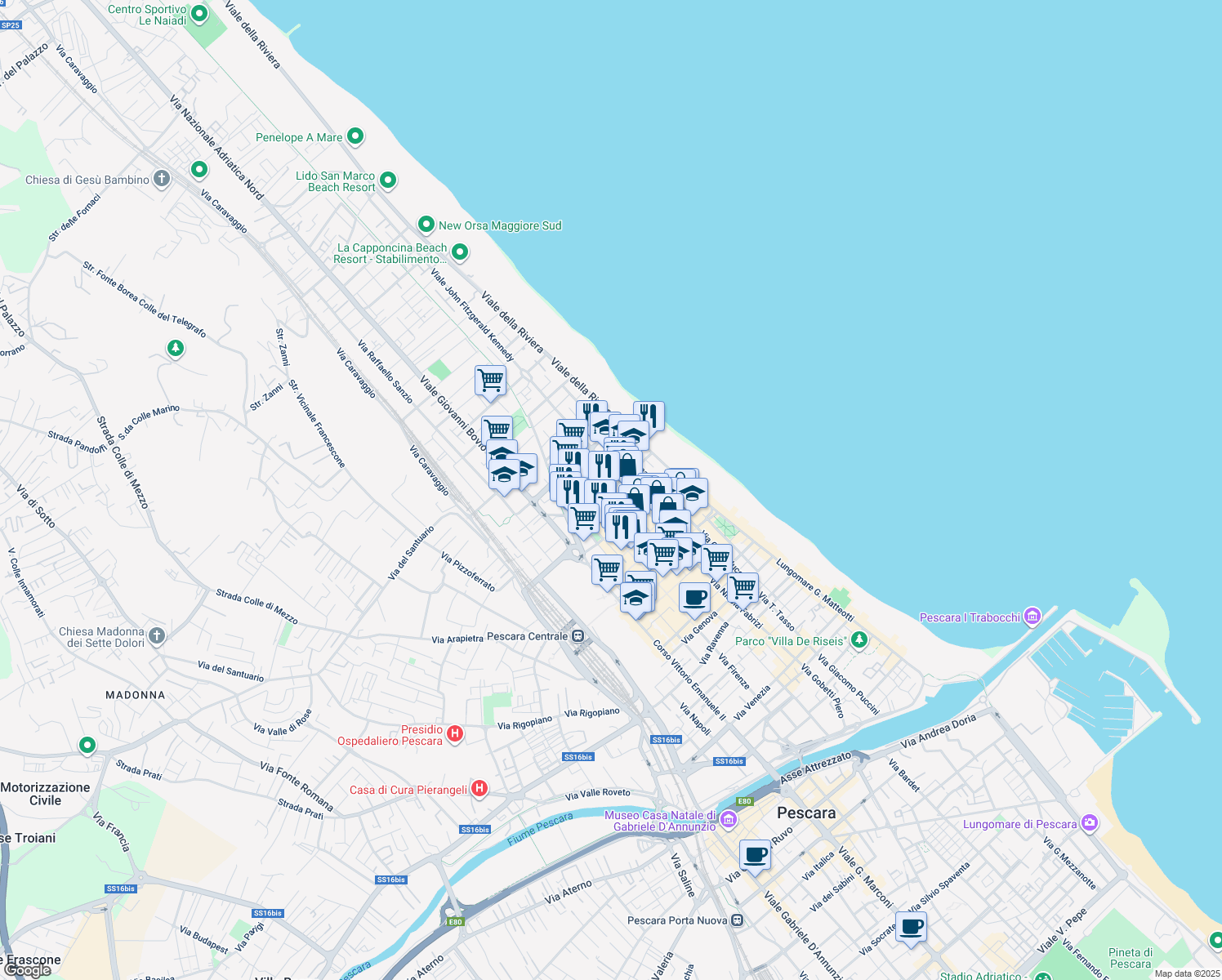 map of restaurants, bars, coffee shops, grocery stores, and more near Via de Amicis in Pescara