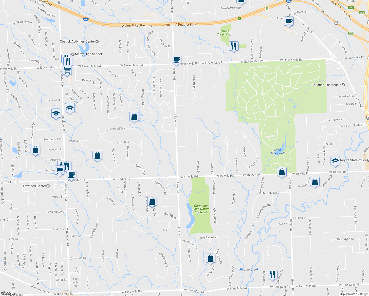 map of restaurants, bars, coffee shops, grocery stores, and more near 25530 Inkster Road in Southfield