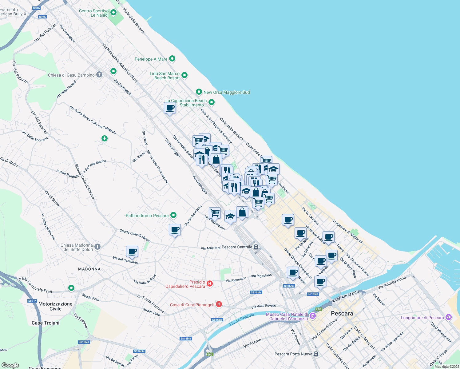 map of restaurants, bars, coffee shops, grocery stores, and more near Via Michelangelo Castagna in Pescara