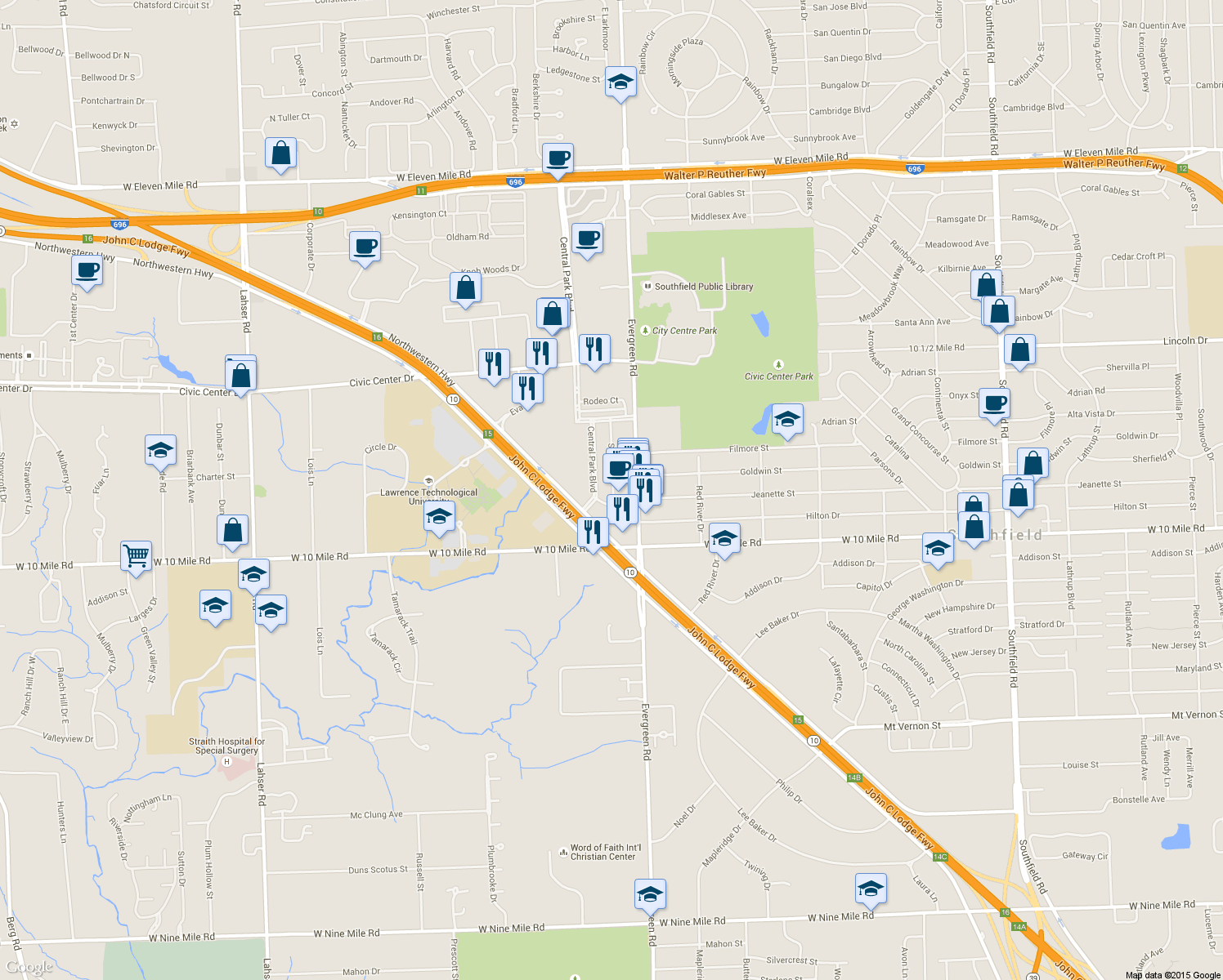 map of restaurants, bars, coffee shops, grocery stores, and more near 25598 Saint James in Southfield