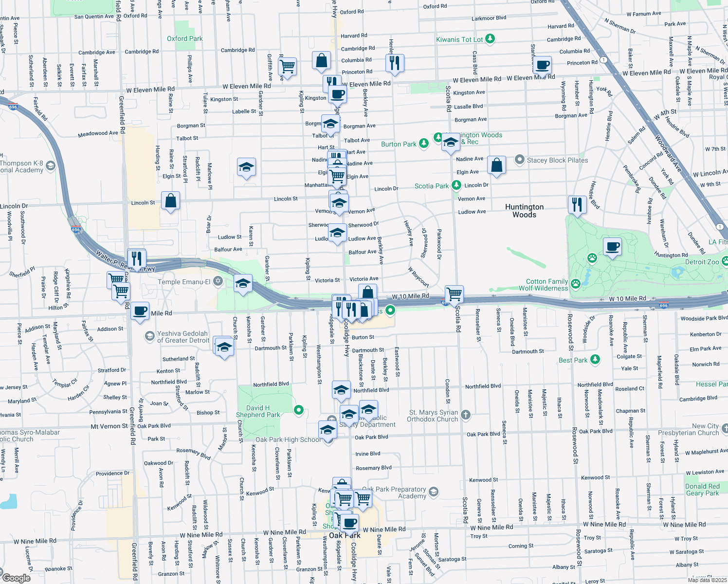 map of restaurants, bars, coffee shops, grocery stores, and more near 13340 Wales Avenue in Huntington Woods