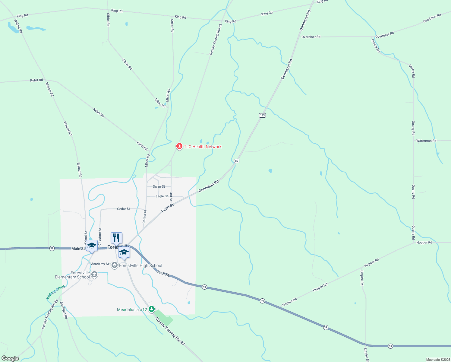 map of restaurants, bars, coffee shops, grocery stores, and more near 10960 Dennison Road in Forestville