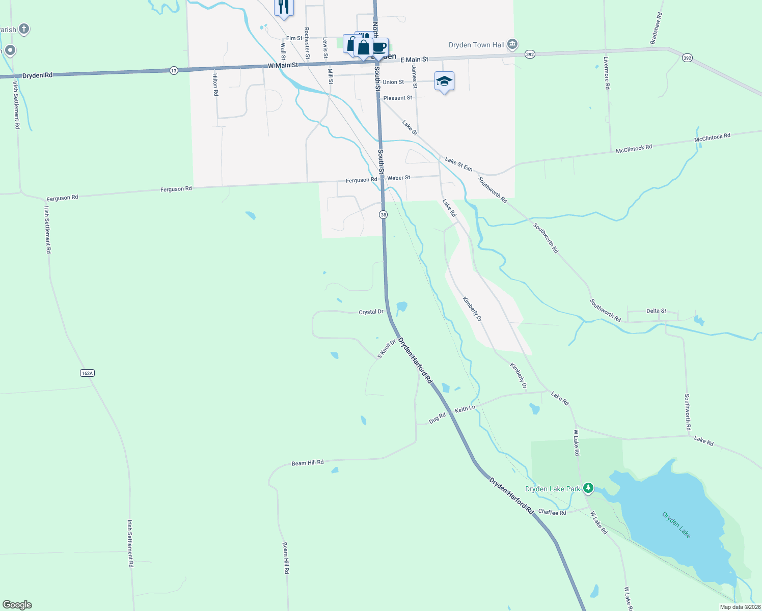 map of restaurants, bars, coffee shops, grocery stores, and more near 210 Dryden Harford Rd in Dryden