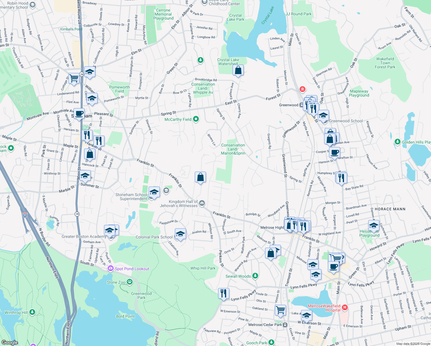 map of restaurants, bars, coffee shops, grocery stores, and more near 35 Walsh Ave in Stoneham