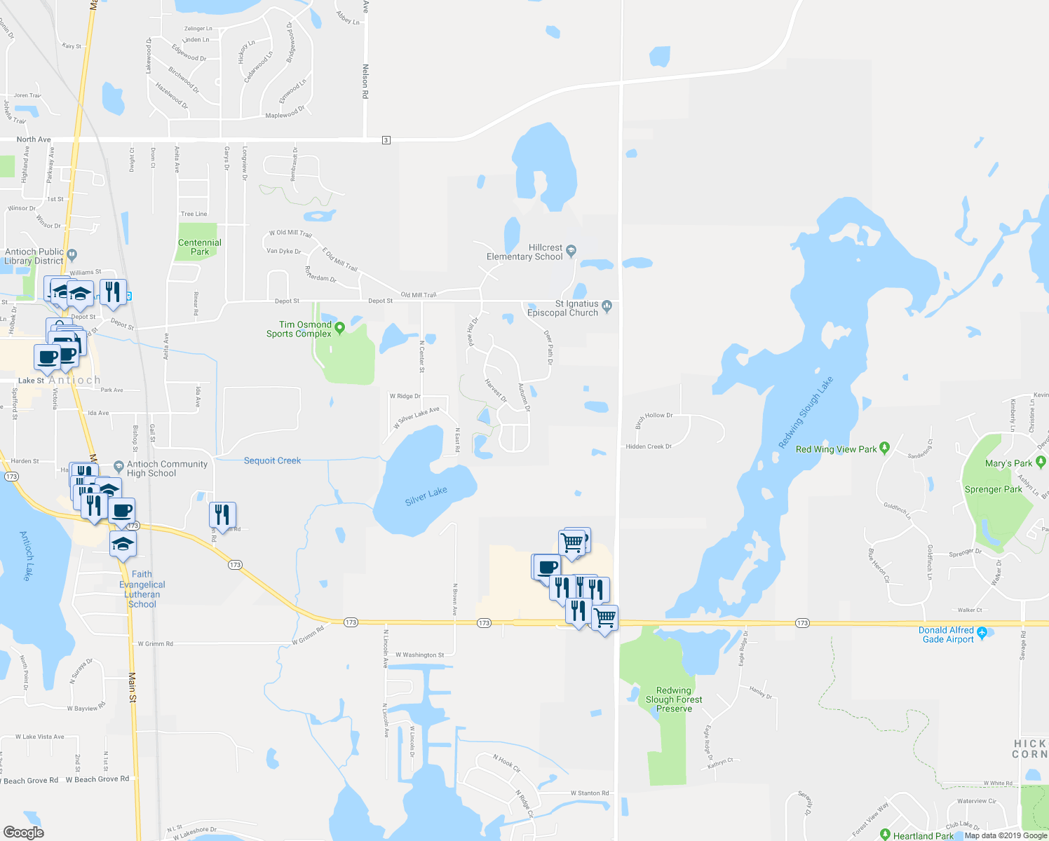 map of restaurants, bars, coffee shops, grocery stores, and more near 369 Creekside Lane in Antioch