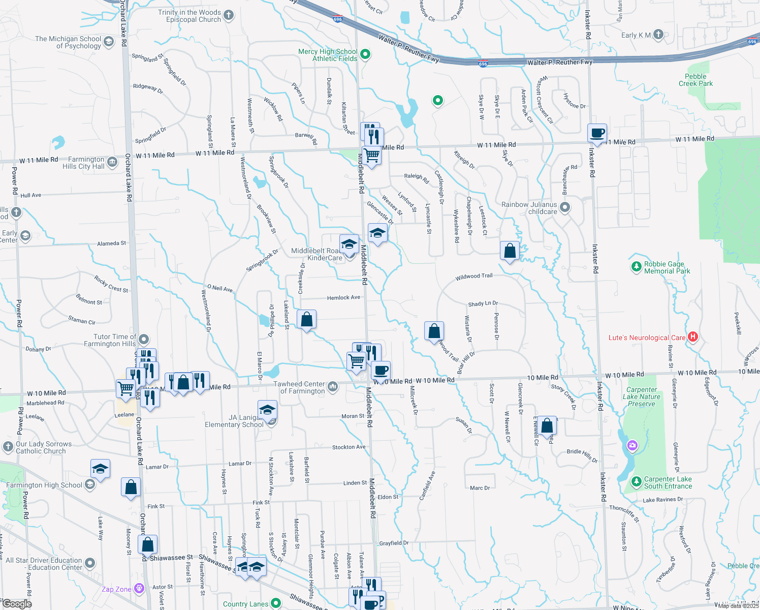 map of restaurants, bars, coffee shops, grocery stores, and more near 29323 Hemlock Drive in Farmington Hills