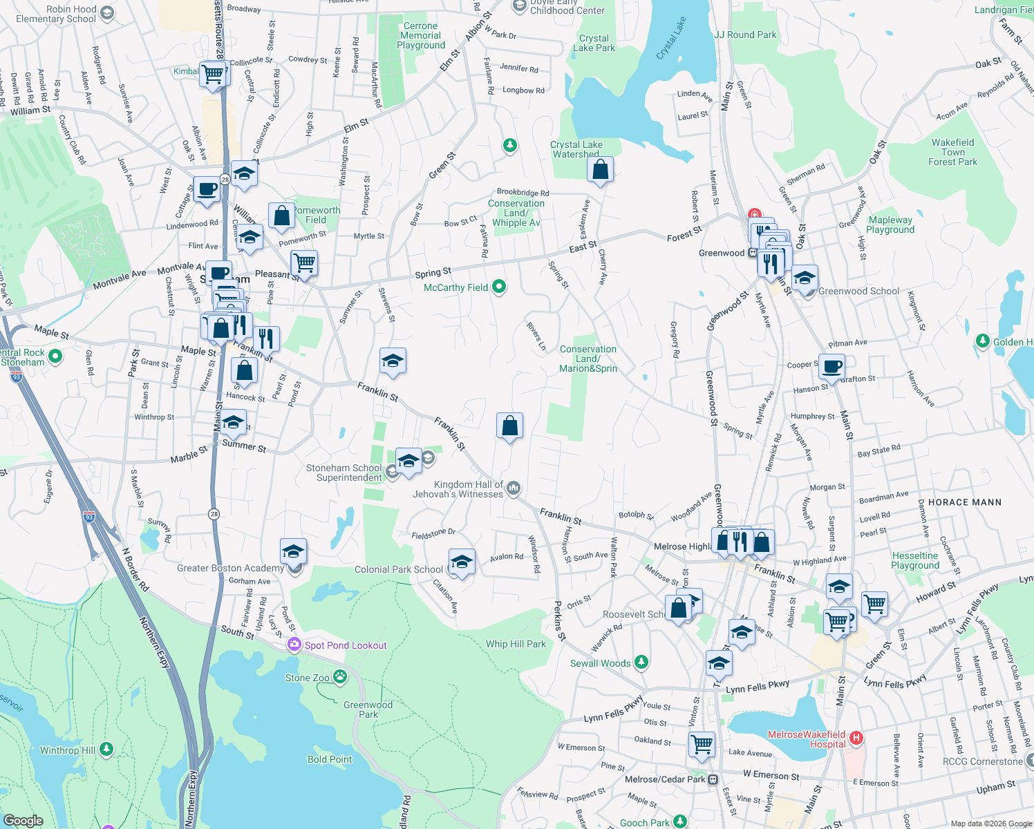 map of restaurants, bars, coffee shops, grocery stores, and more near 27 Ellen Road in Stoneham