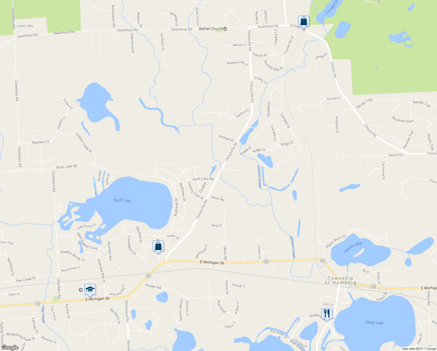 map of restaurants, bars, coffee shops, grocery stores, and more near 8649 Pettysville Road in Pinckney