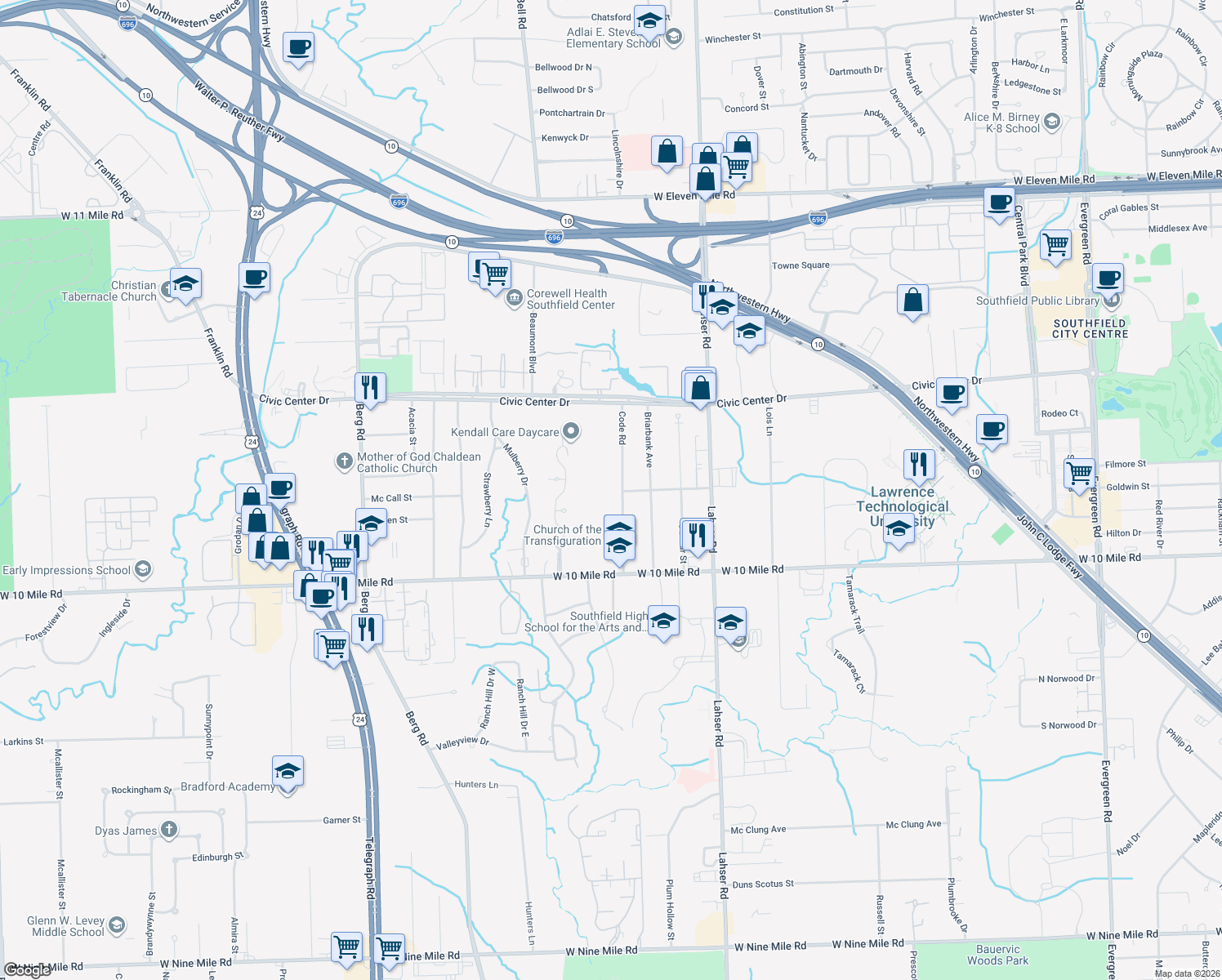 map of restaurants, bars, coffee shops, grocery stores, and more near 25601 Code Road in Southfield