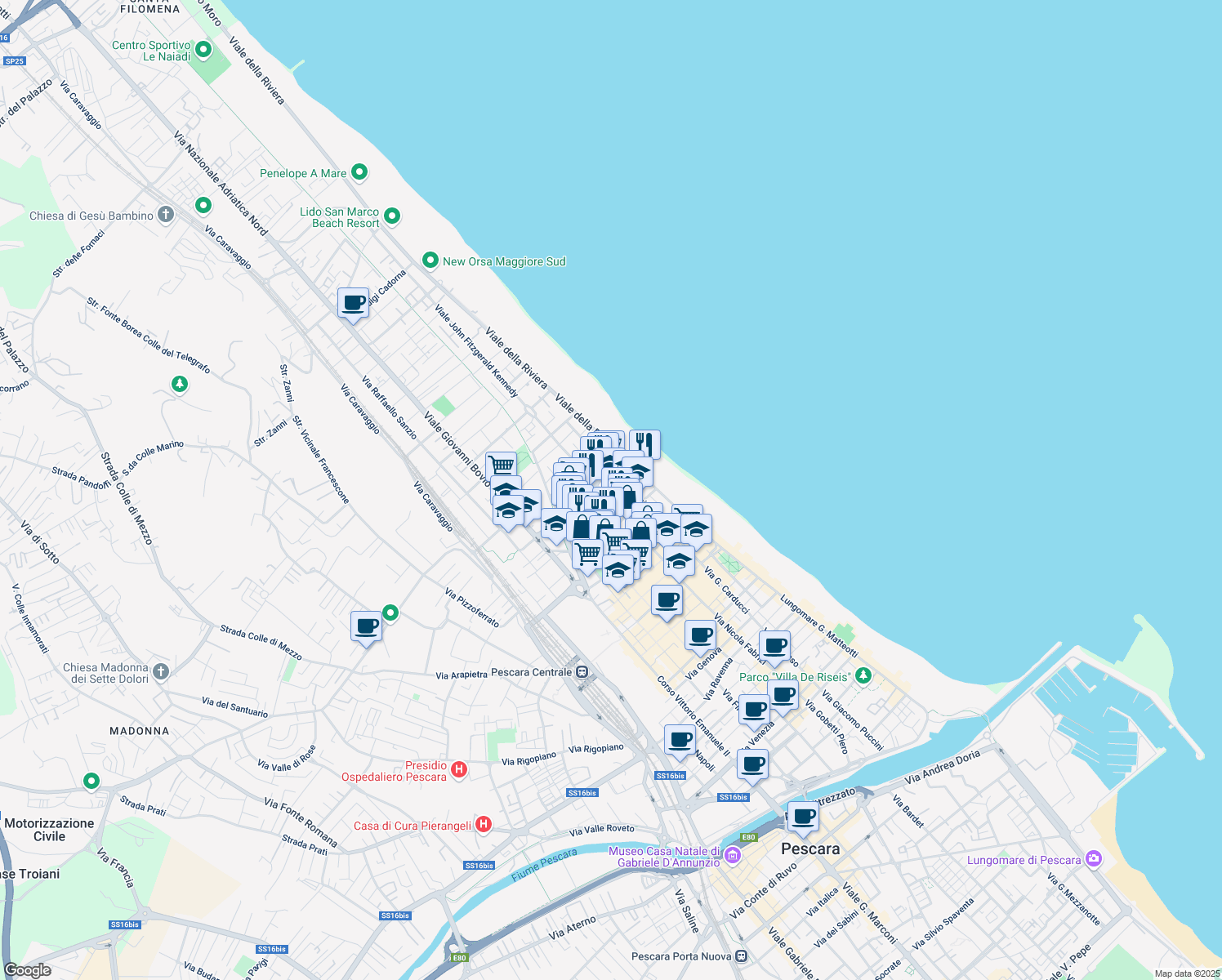 map of restaurants, bars, coffee shops, grocery stores, and more near 102 Viale Leopoldo Muzii in Pescara