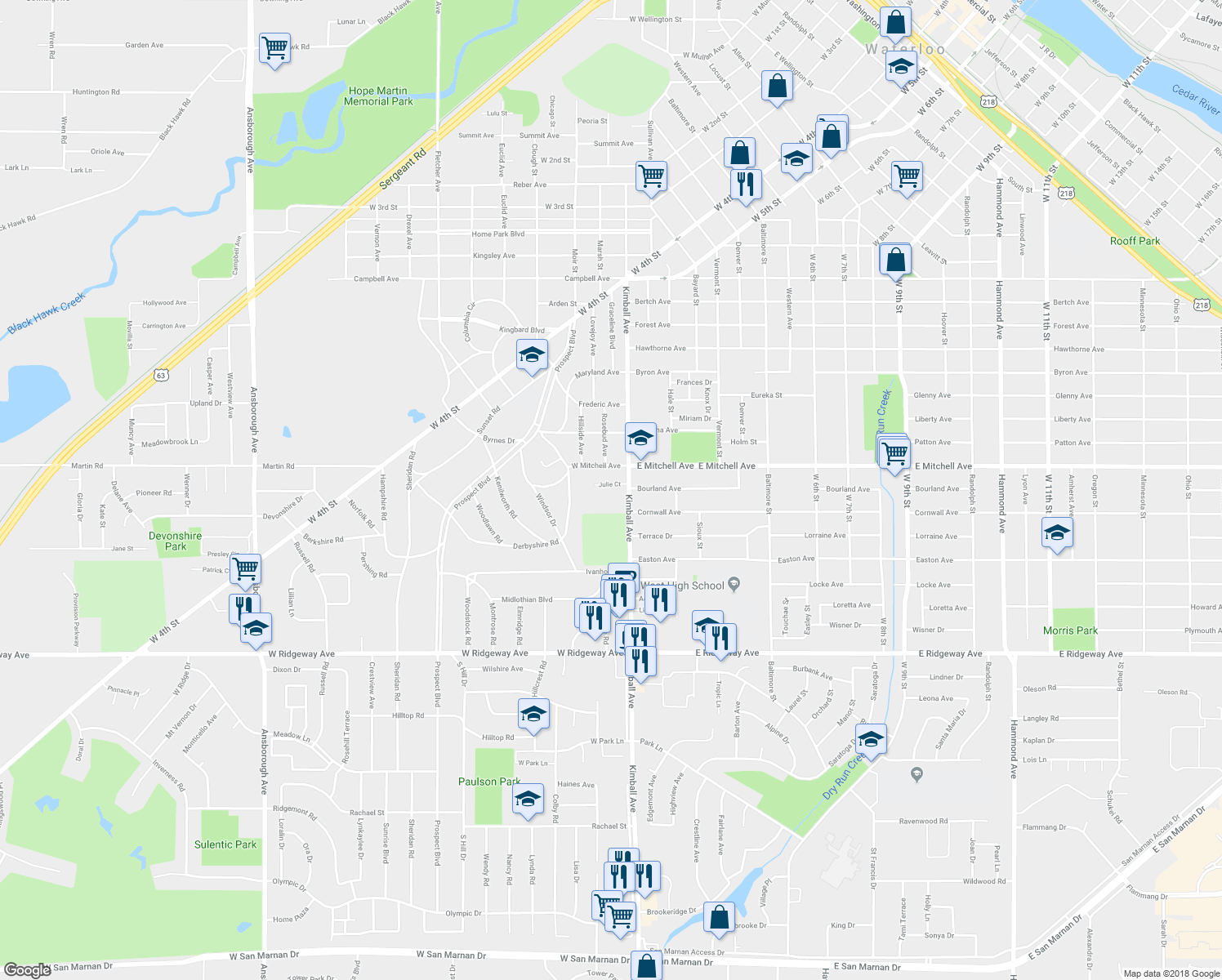map of restaurants, bars, coffee shops, grocery stores, and more near 304-306 Julie Court in Waterloo