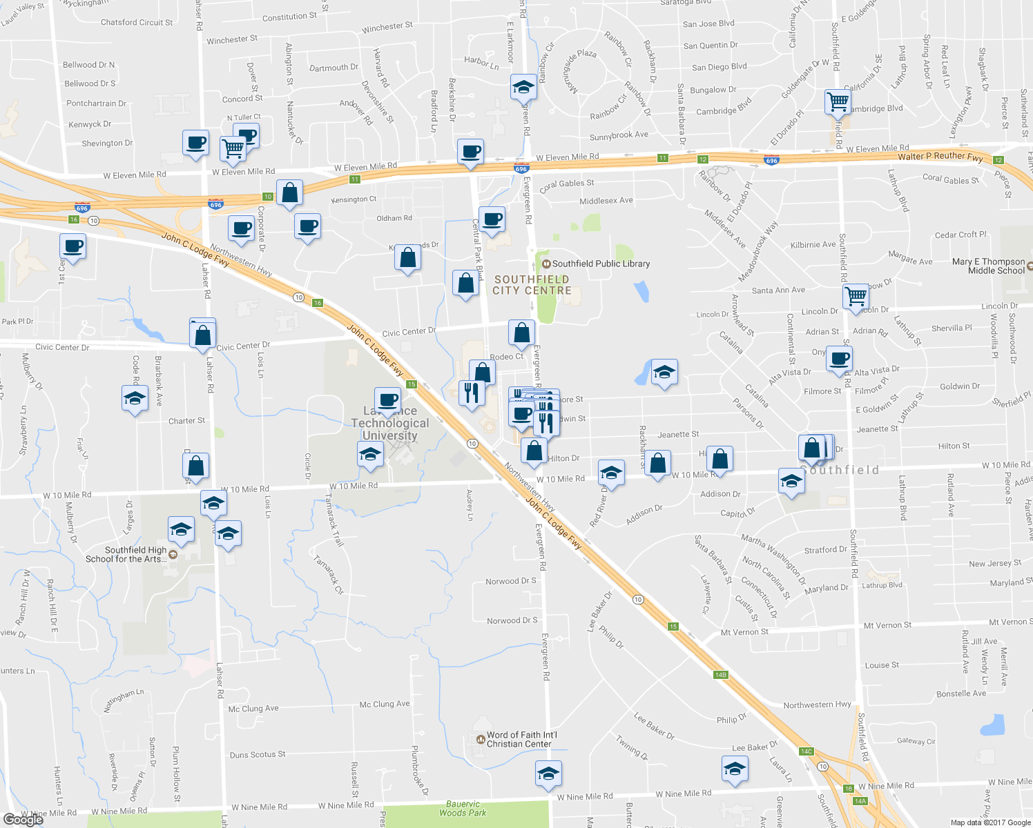 map of restaurants, bars, coffee shops, grocery stores, and more near 25599 Saint James in Southfield