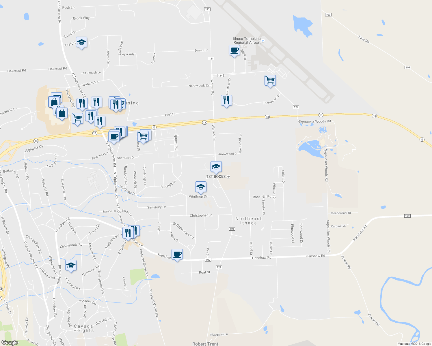 map of restaurants, bars, coffee shops, grocery stores, and more near County Road 121 in Ithaca