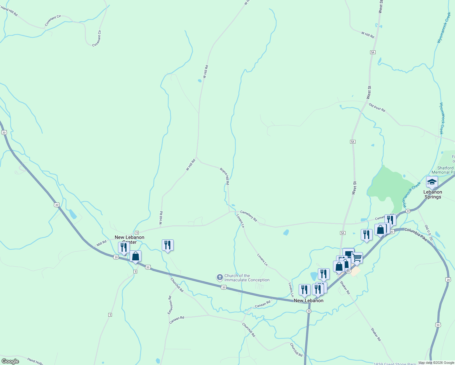 map of restaurants, bars, coffee shops, grocery stores, and more near Royce Hill Road in New Lebanon