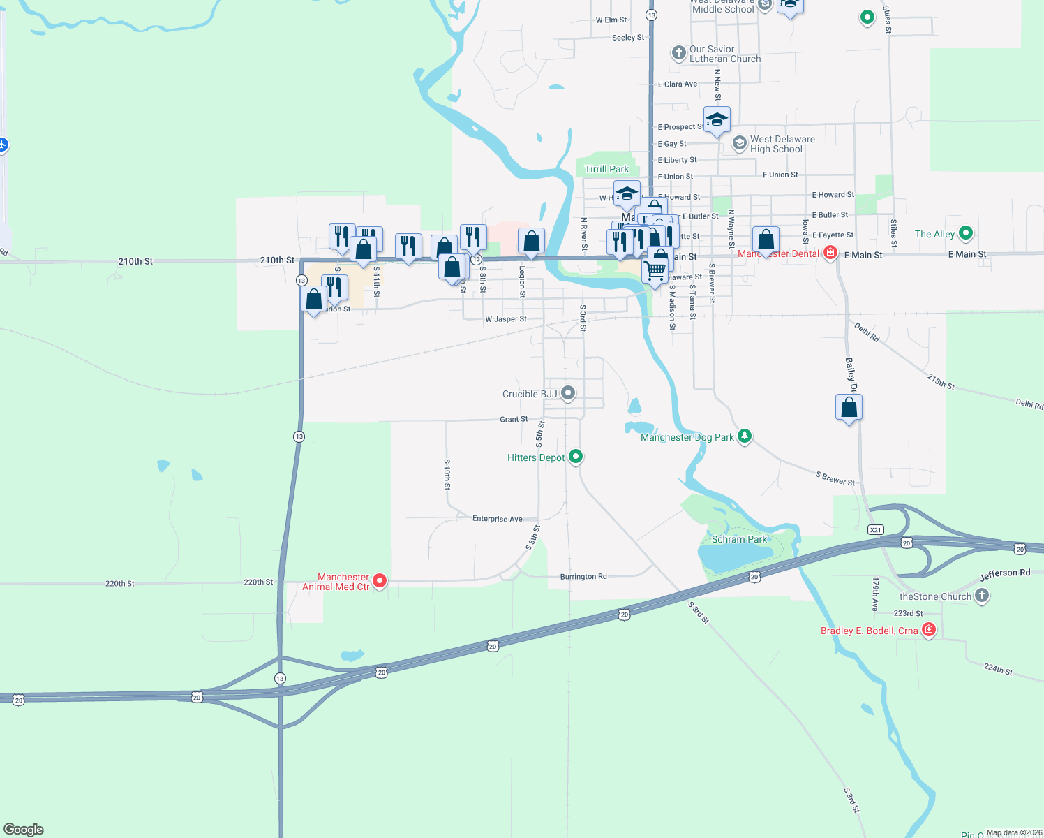 map of restaurants, bars, coffee shops, grocery stores, and more near Grant Street in Manchester