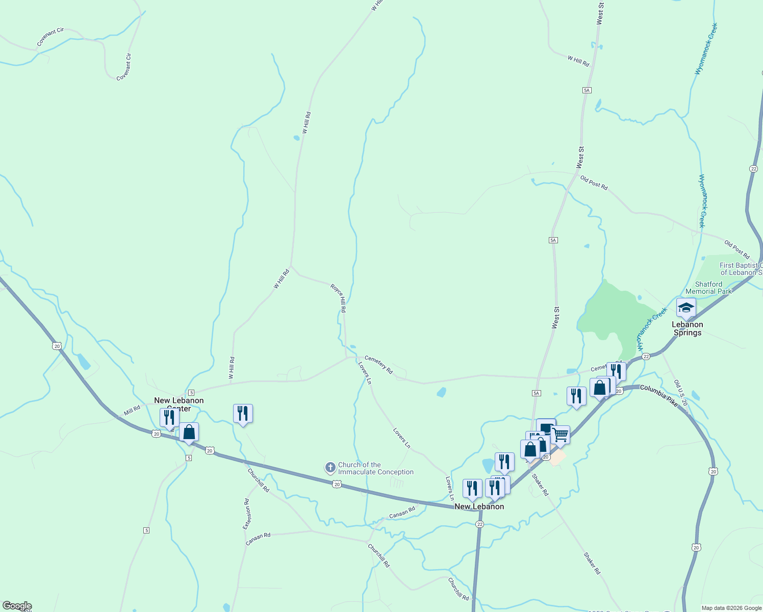 map of restaurants, bars, coffee shops, grocery stores, and more near Royce Hill Road in New Lebanon