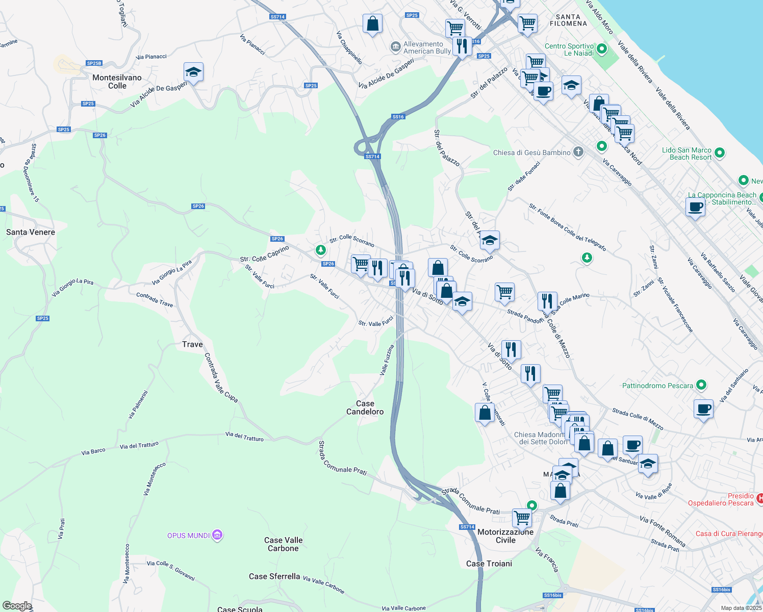 map of restaurants, bars, coffee shops, grocery stores, and more near 3 Via Schiavone in Pescara