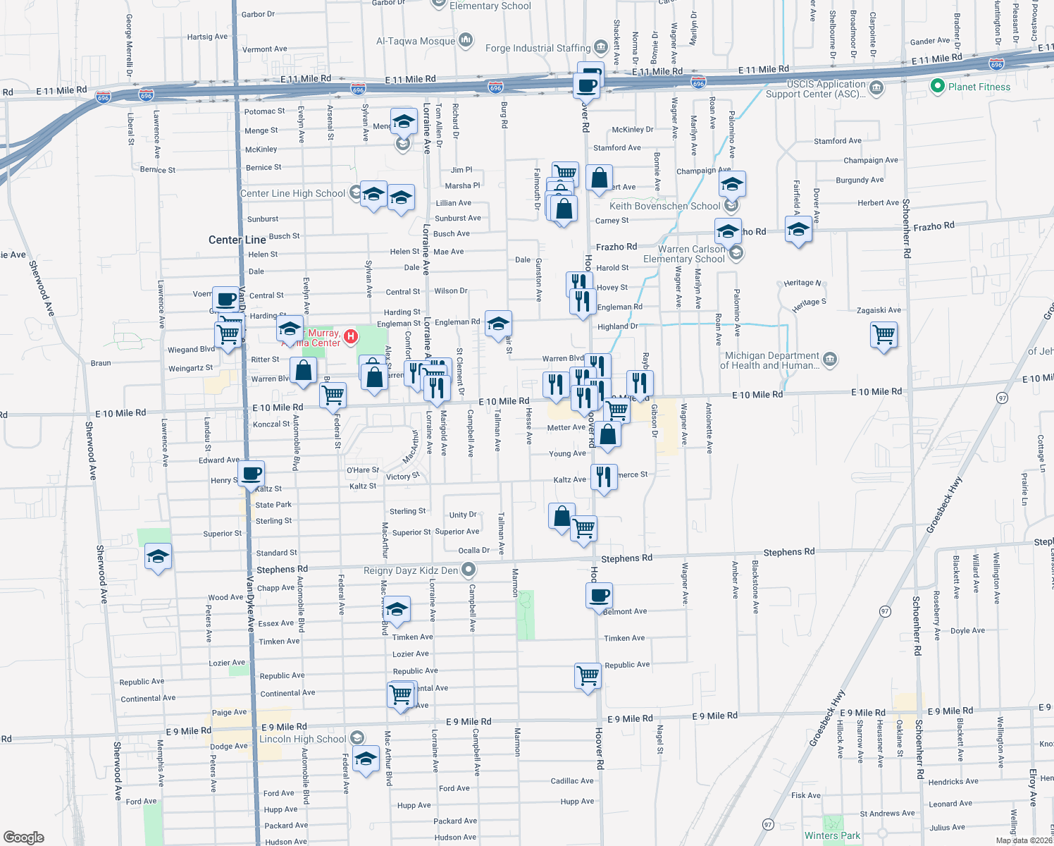 map of restaurants, bars, coffee shops, grocery stores, and more near 11362 Konczal Avenue in Warren