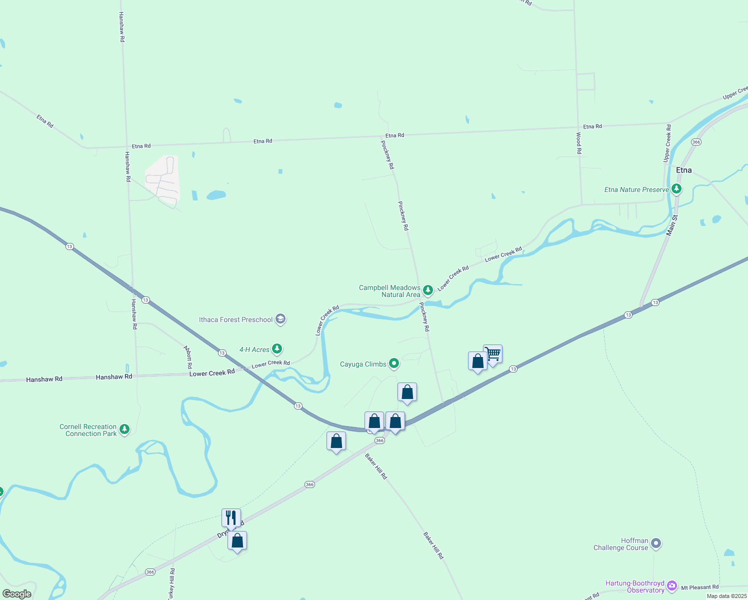 map of restaurants, bars, coffee shops, grocery stores, and more near 310 Lower Creek Rd in Ithaca
