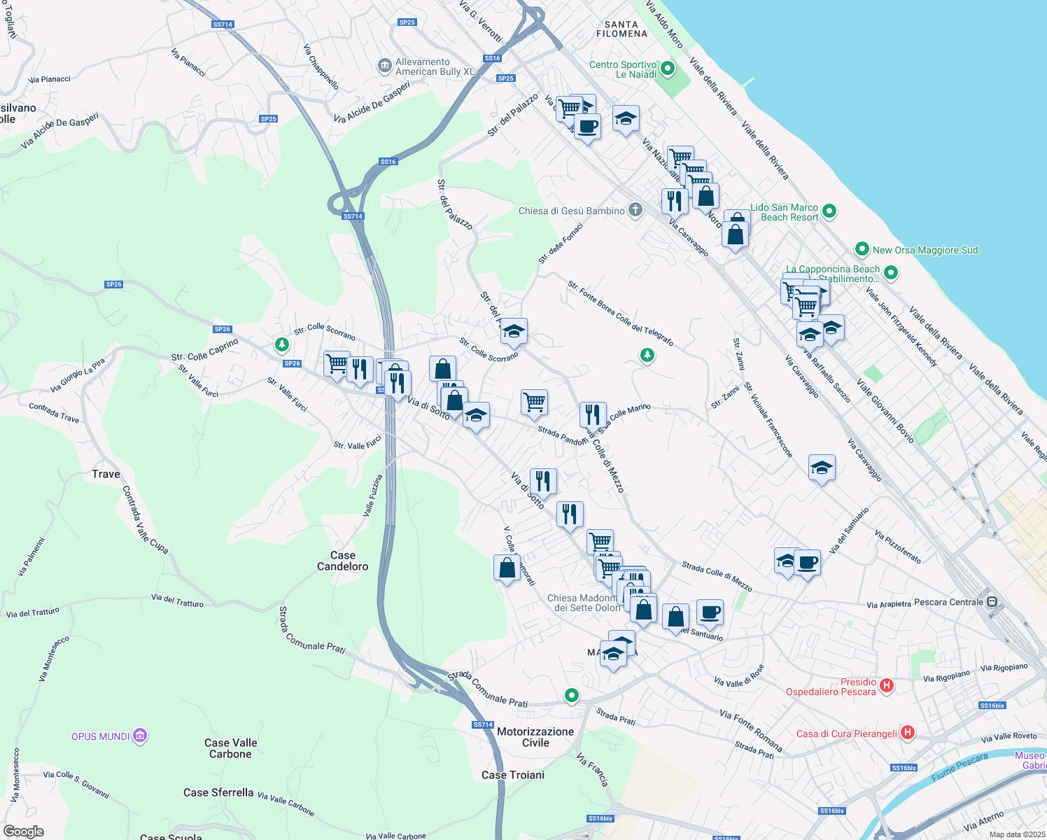 map of restaurants, bars, coffee shops, grocery stores, and more near 46 Strada Pandolfi in Pescara