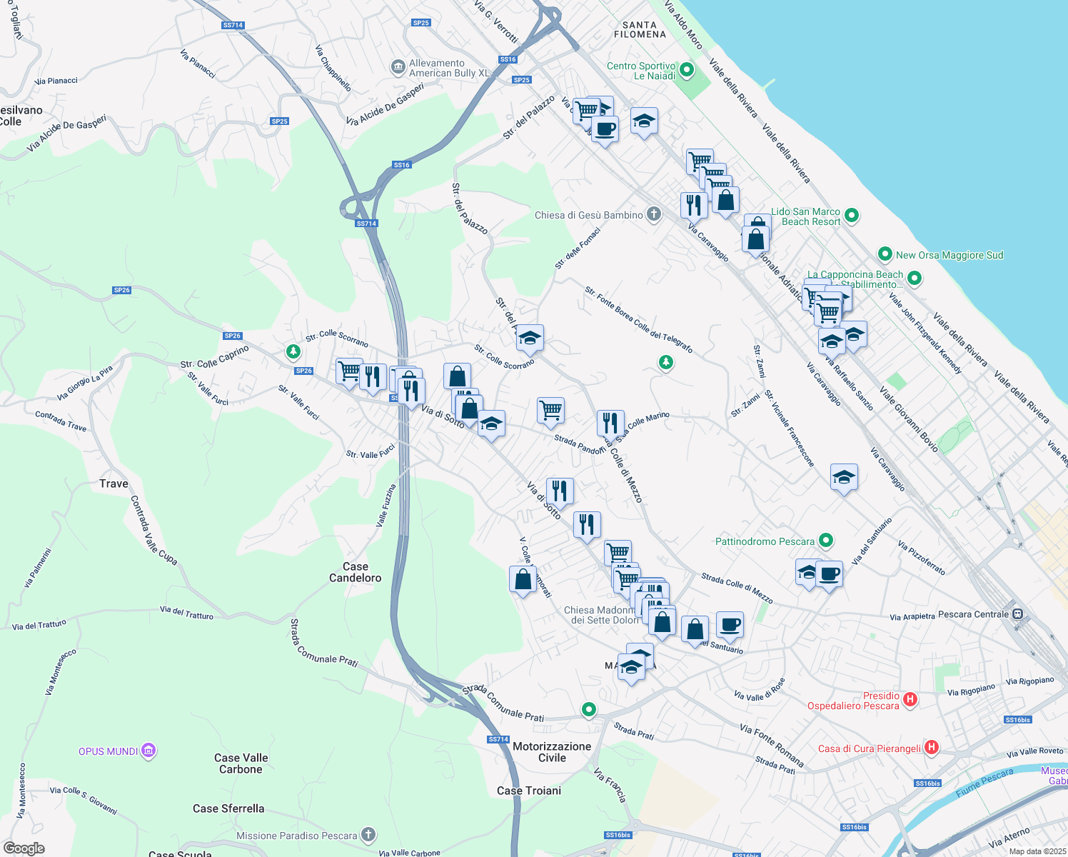 map of restaurants, bars, coffee shops, grocery stores, and more near 46 Strada Pandolfi in Pescara
