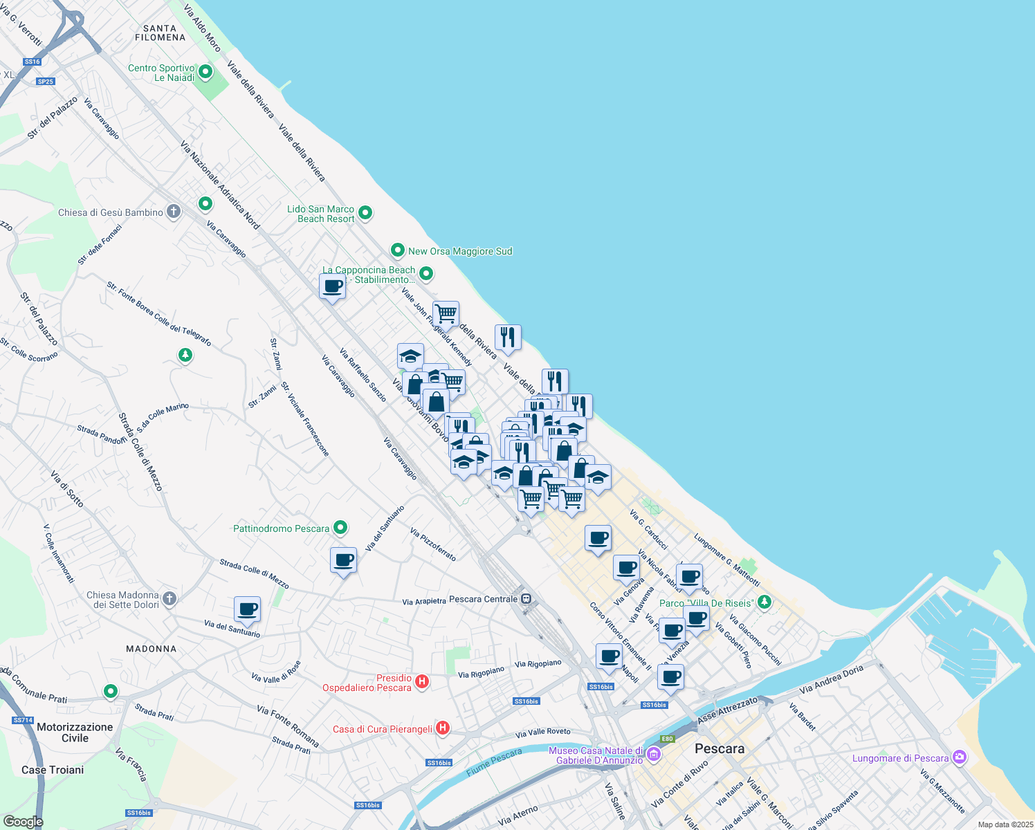 map of restaurants, bars, coffee shops, grocery stores, and more near 124 Viale Regina Margherita in Pescara