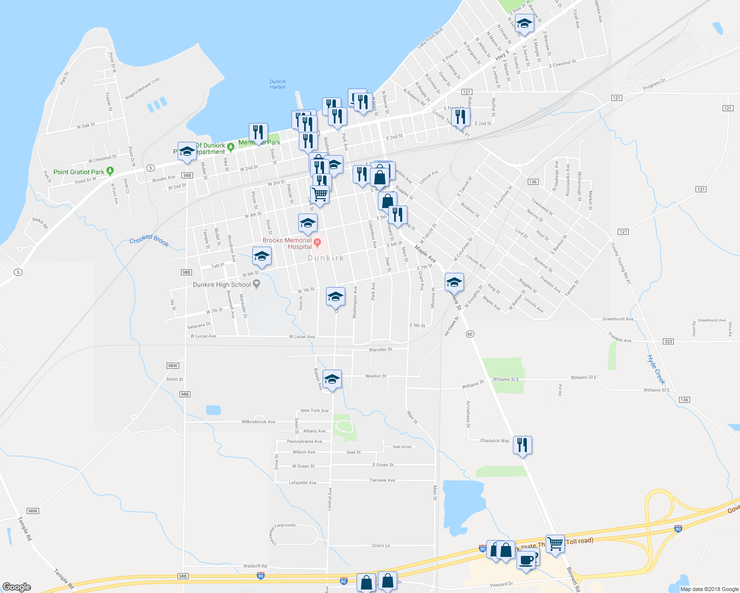 map of restaurants, bars, coffee shops, grocery stores, and more near 741 Park Avenue in Dunkirk