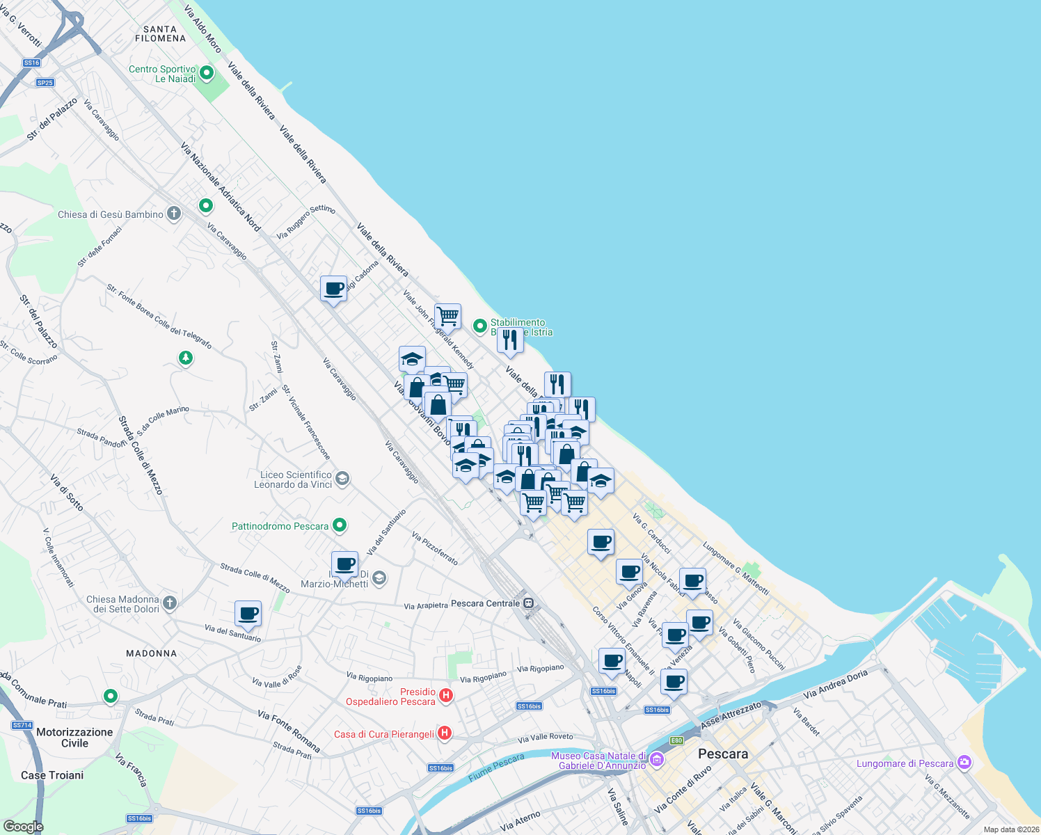 map of restaurants, bars, coffee shops, grocery stores, and more near 126 Viale Regina Margherita in Pescara