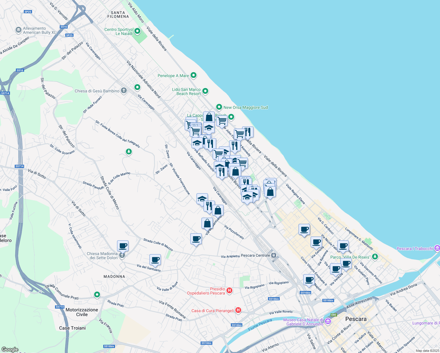 map of restaurants, bars, coffee shops, grocery stores, and more near 94 Via Raffaello Sanzio in Pescara
