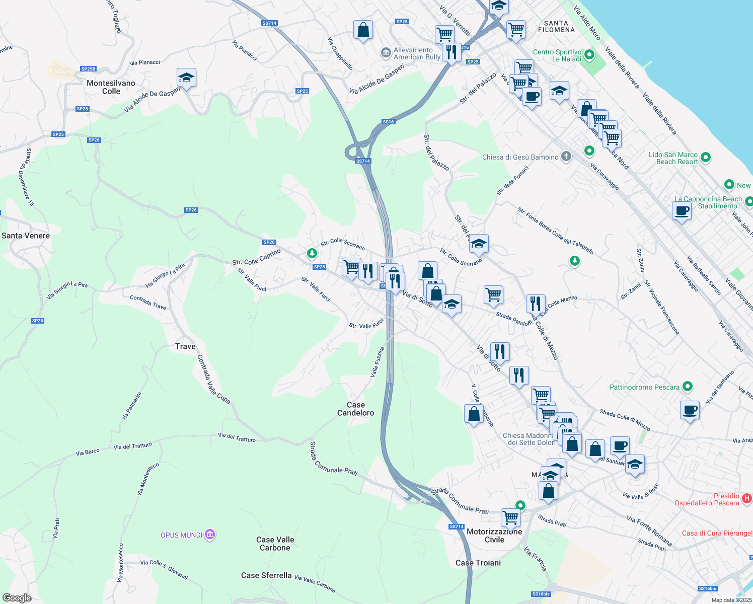 map of restaurants, bars, coffee shops, grocery stores, and more near 3 Via Schiavone in Pescara