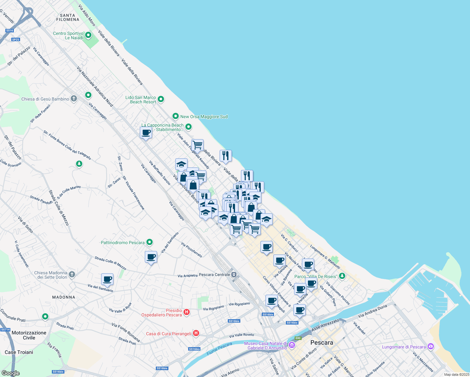 map of restaurants, bars, coffee shops, grocery stores, and more near 124 Viale Regina Margherita in Pescara