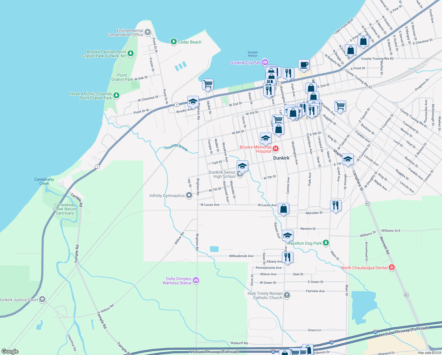 map of restaurants, bars, coffee shops, grocery stores, and more near 617 Roosevelt Avenue in Dunkirk