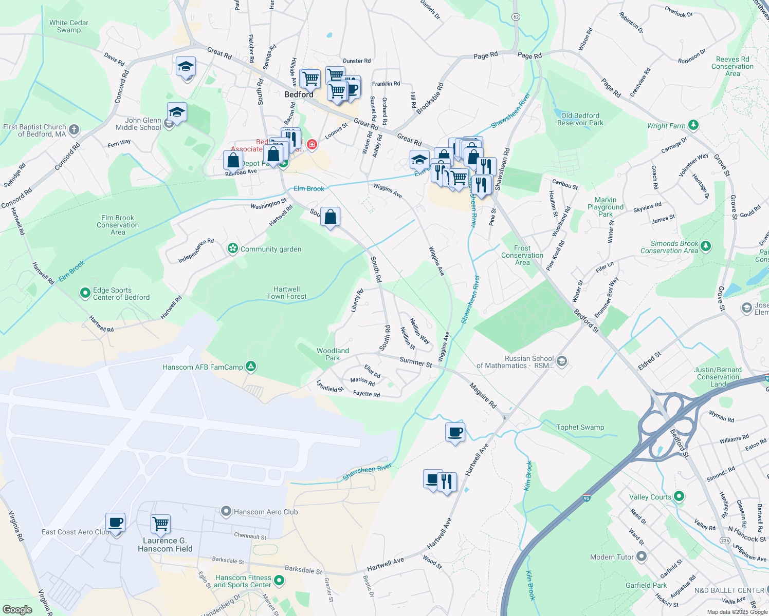 map of restaurants, bars, coffee shops, grocery stores, and more near 289 South Road in Bedford