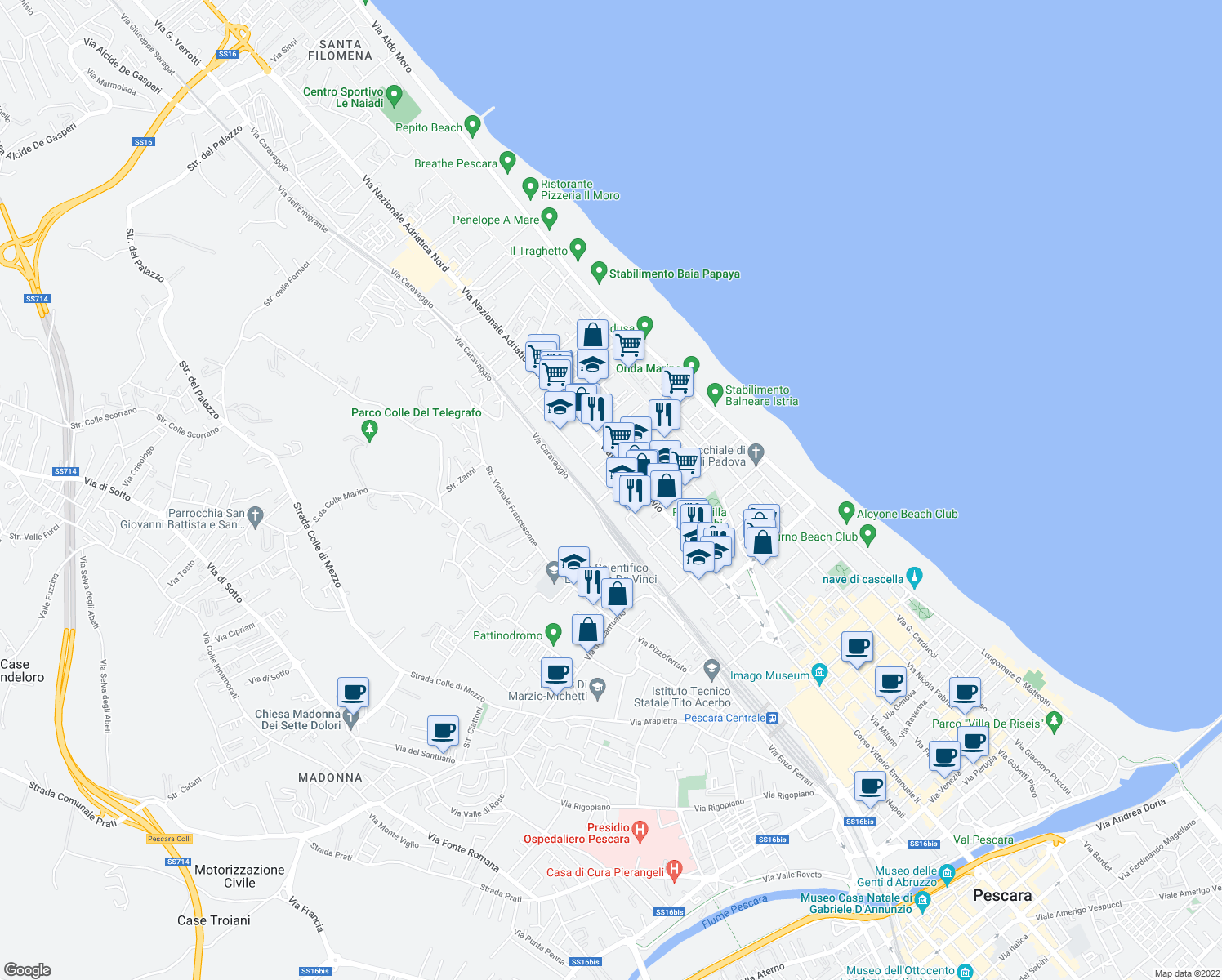 map of restaurants, bars, coffee shops, grocery stores, and more near 94 Via Raffaello Sanzio in Pescara