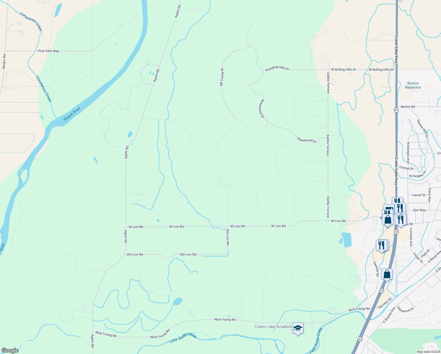 map of restaurants, bars, coffee shops, grocery stores, and more near 1374 West Linn Road in Eagle Point