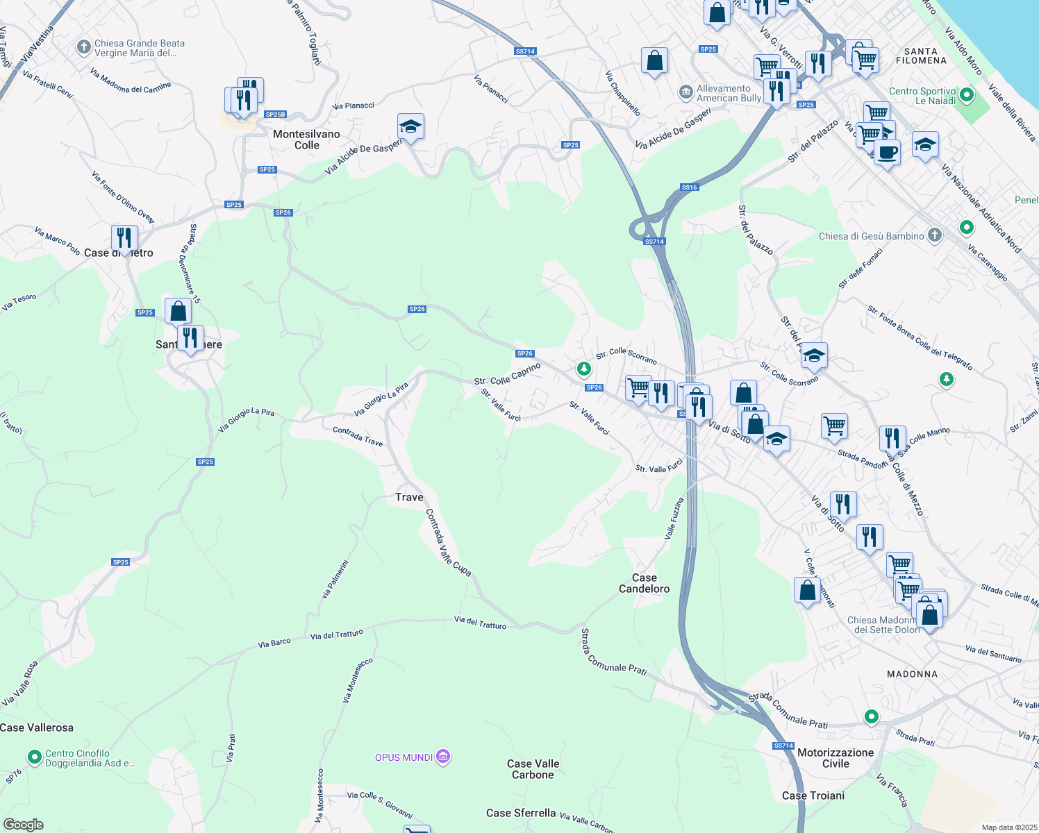 map of restaurants, bars, coffee shops, grocery stores, and more near 114 Strada Valle Furci in Pescara