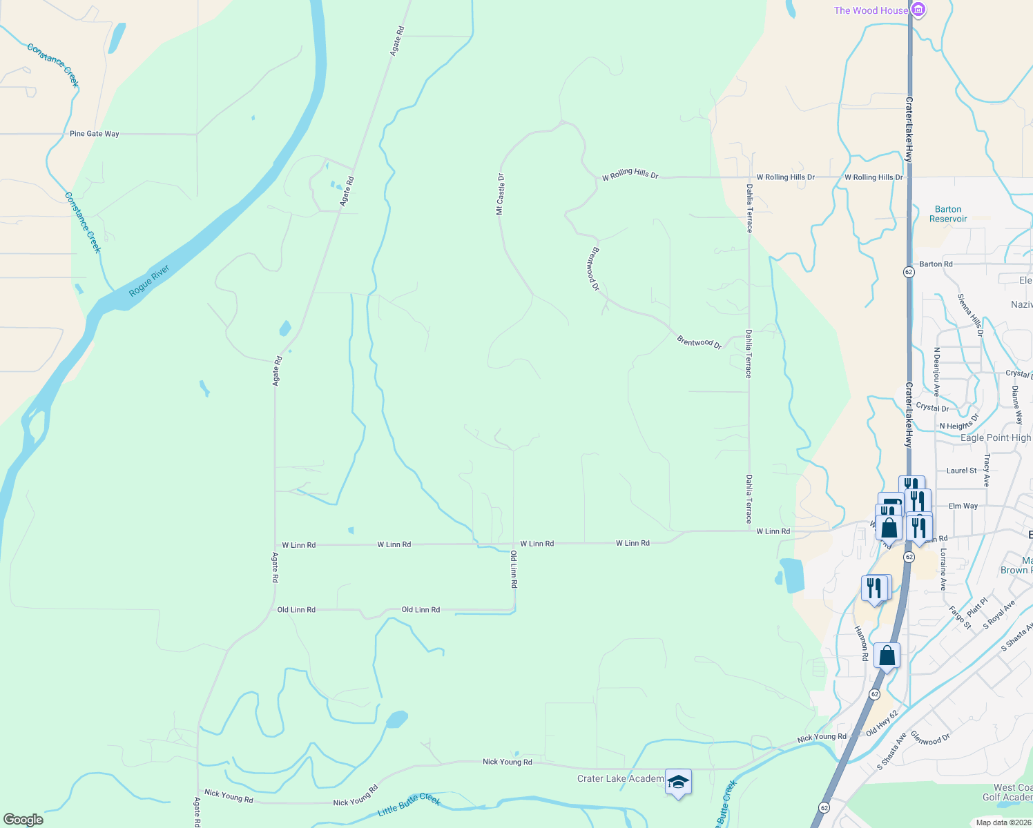 map of restaurants, bars, coffee shops, grocery stores, and more near 1374 West Linn Road in Eagle Point
