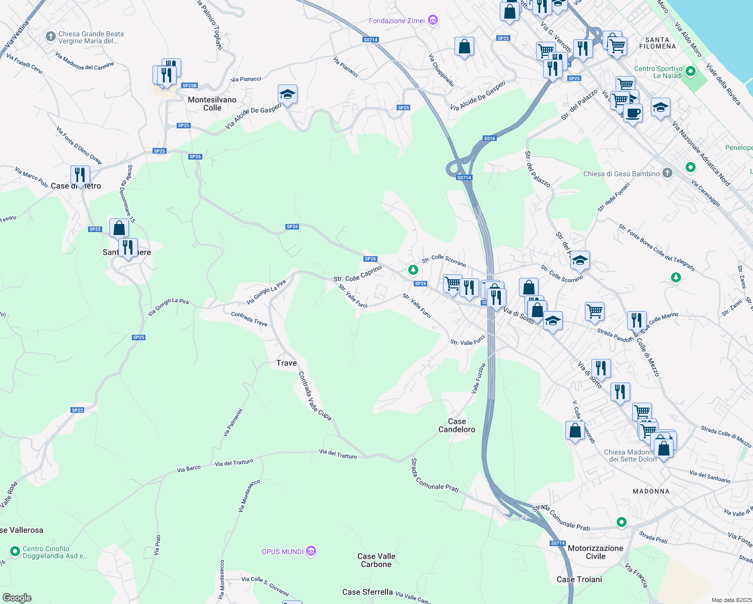 map of restaurants, bars, coffee shops, grocery stores, and more near 114 Strada Valle Furci in Pescara