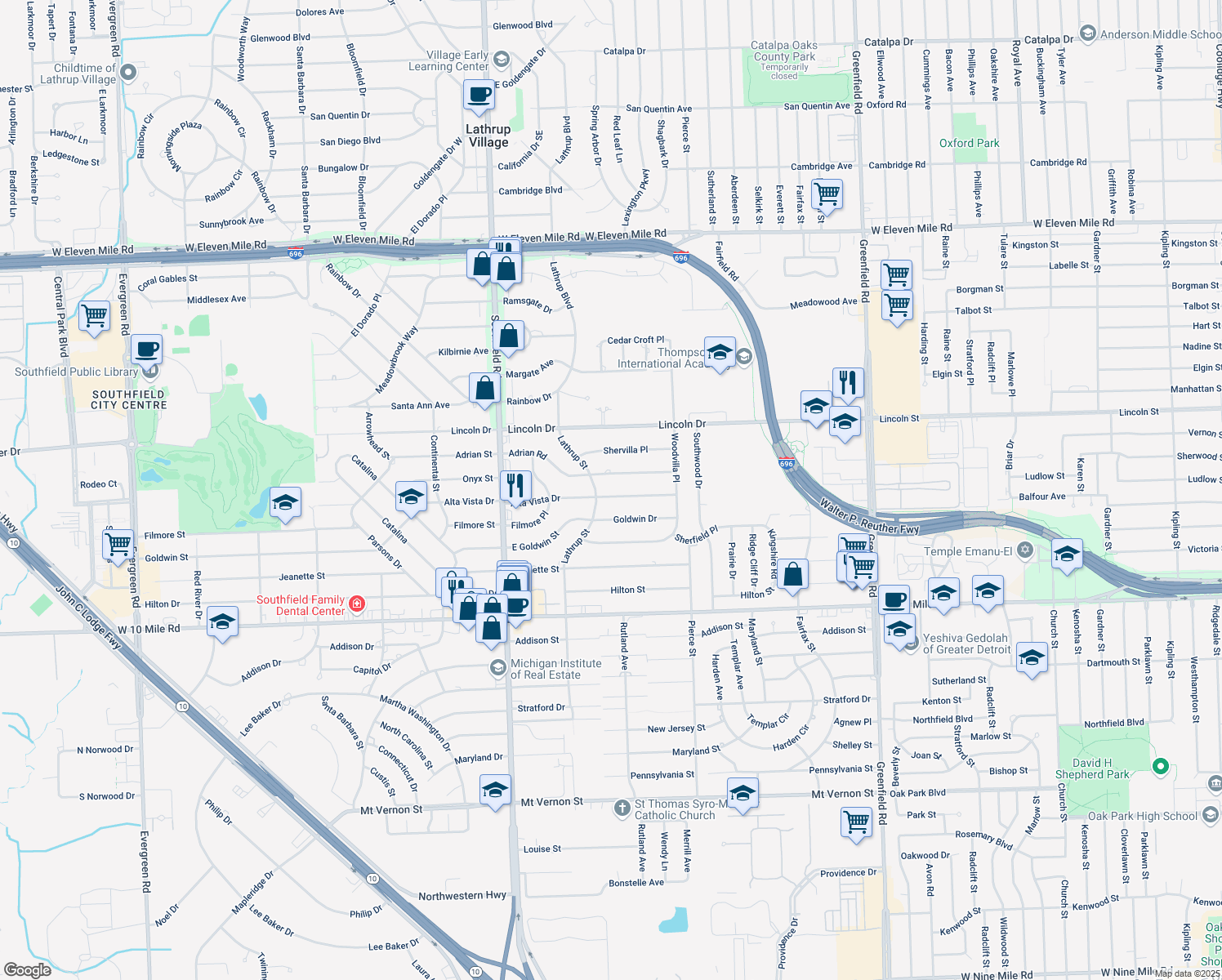 map of restaurants, bars, coffee shops, grocery stores, and more near 17290 Alta Vista Dr in Southfield