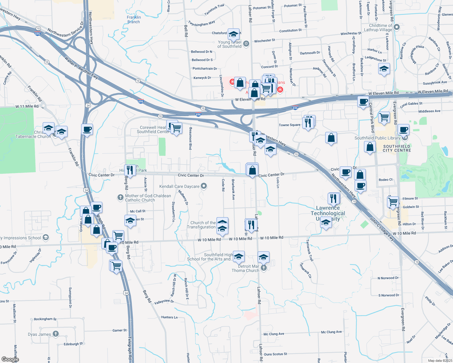 map of restaurants, bars, coffee shops, grocery stores, and more near 25820 Code Road in Southfield