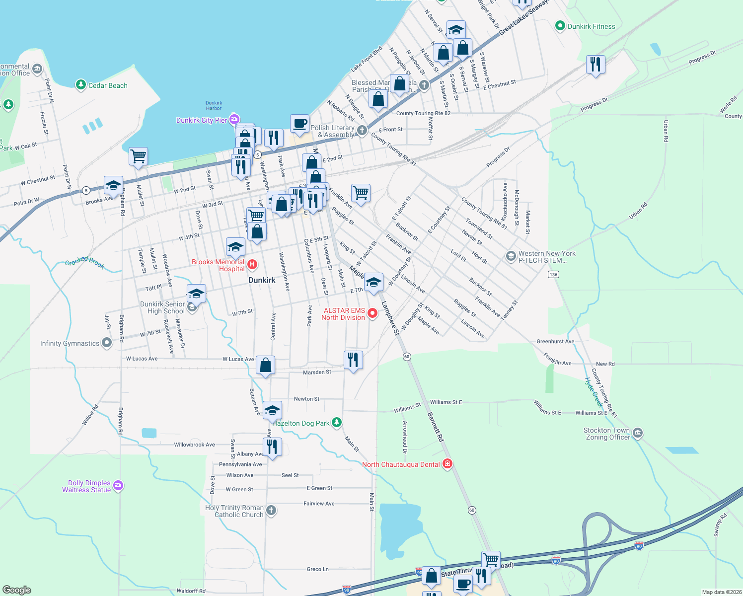 map of restaurants, bars, coffee shops, grocery stores, and more near 704 Lamphere St in Dunkirk