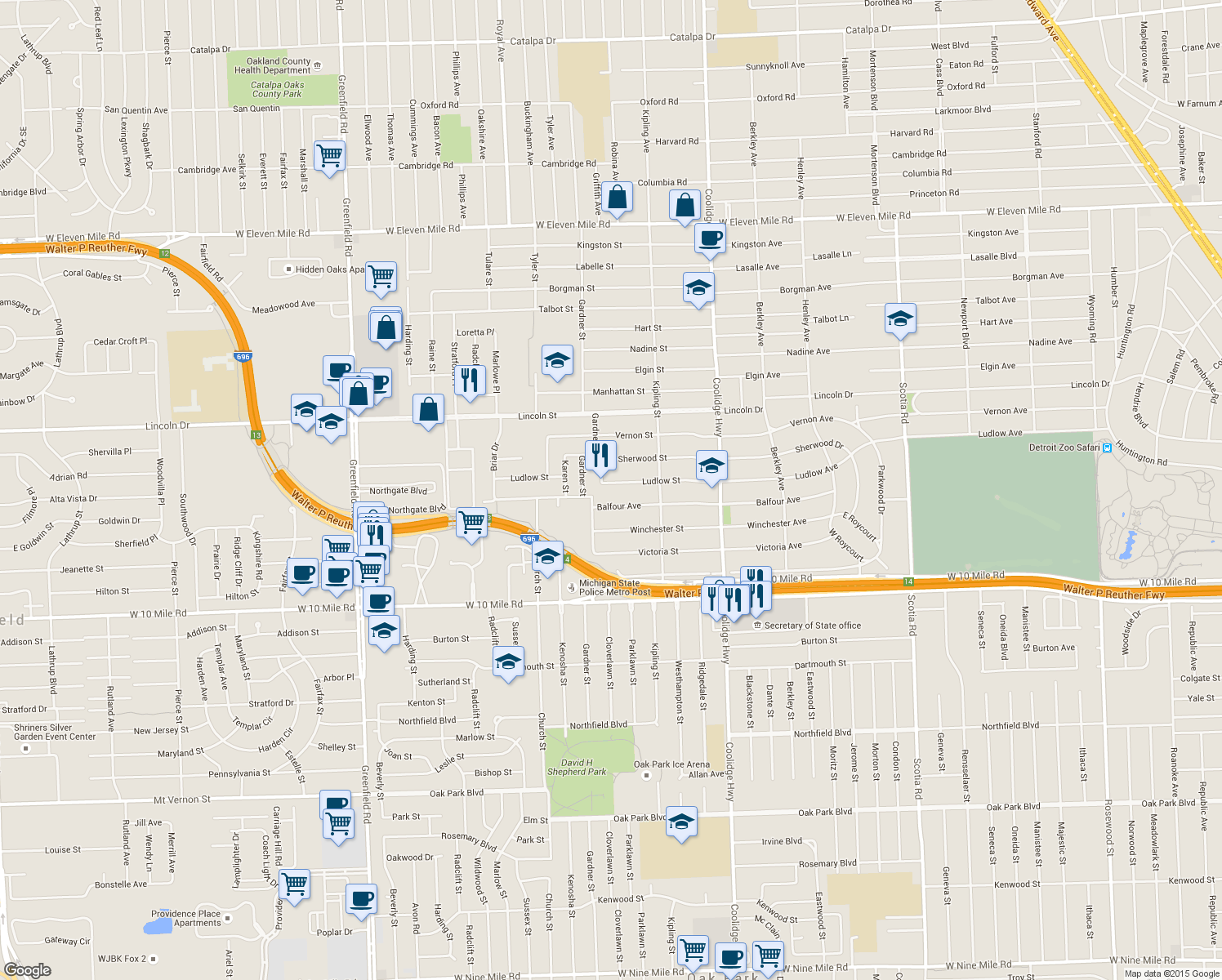 map of restaurants, bars, coffee shops, grocery stores, and more near 14095 Ludlow Street in Oak Park