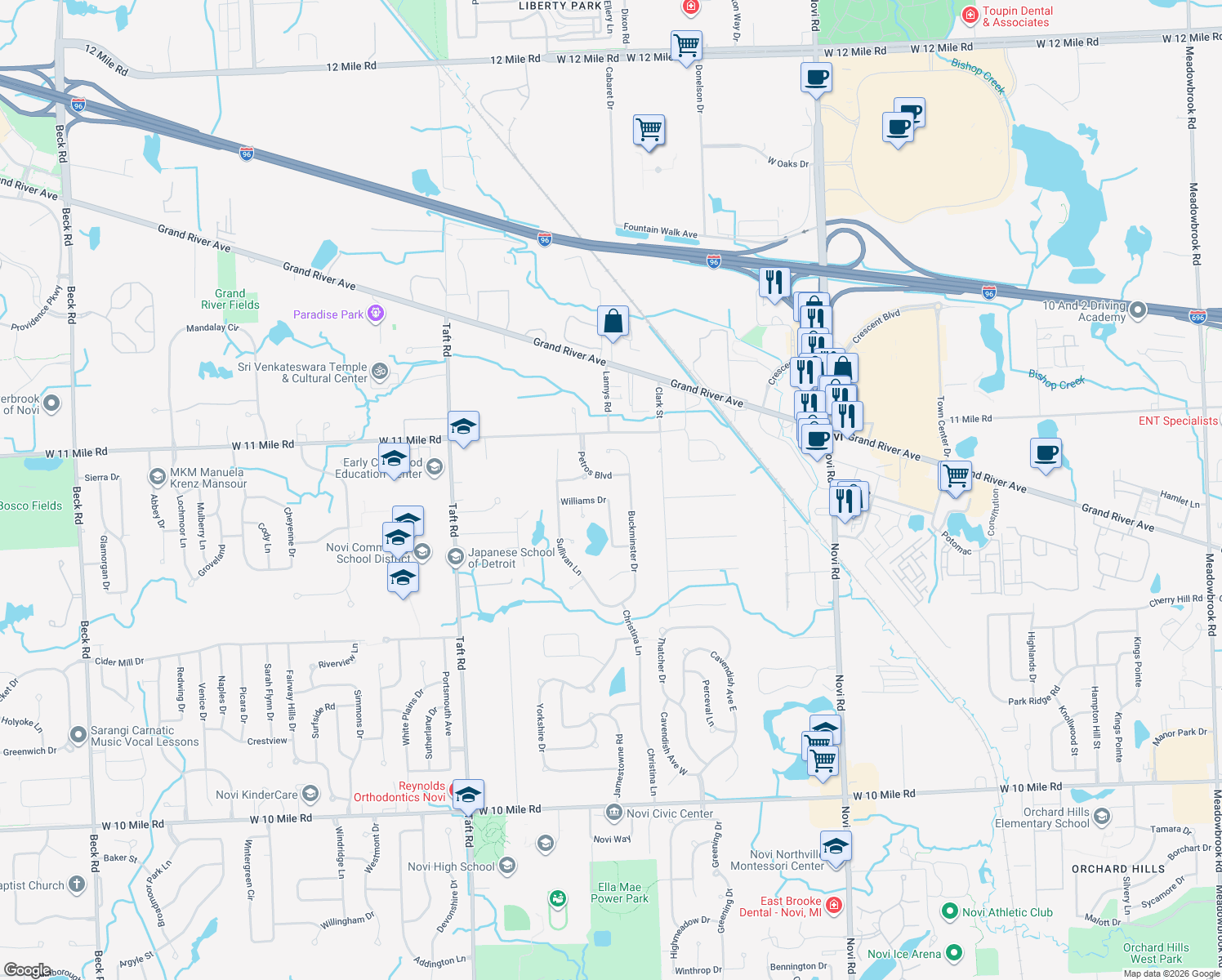 map of restaurants, bars, coffee shops, grocery stores, and more near 44468 Williams Dr in Novi